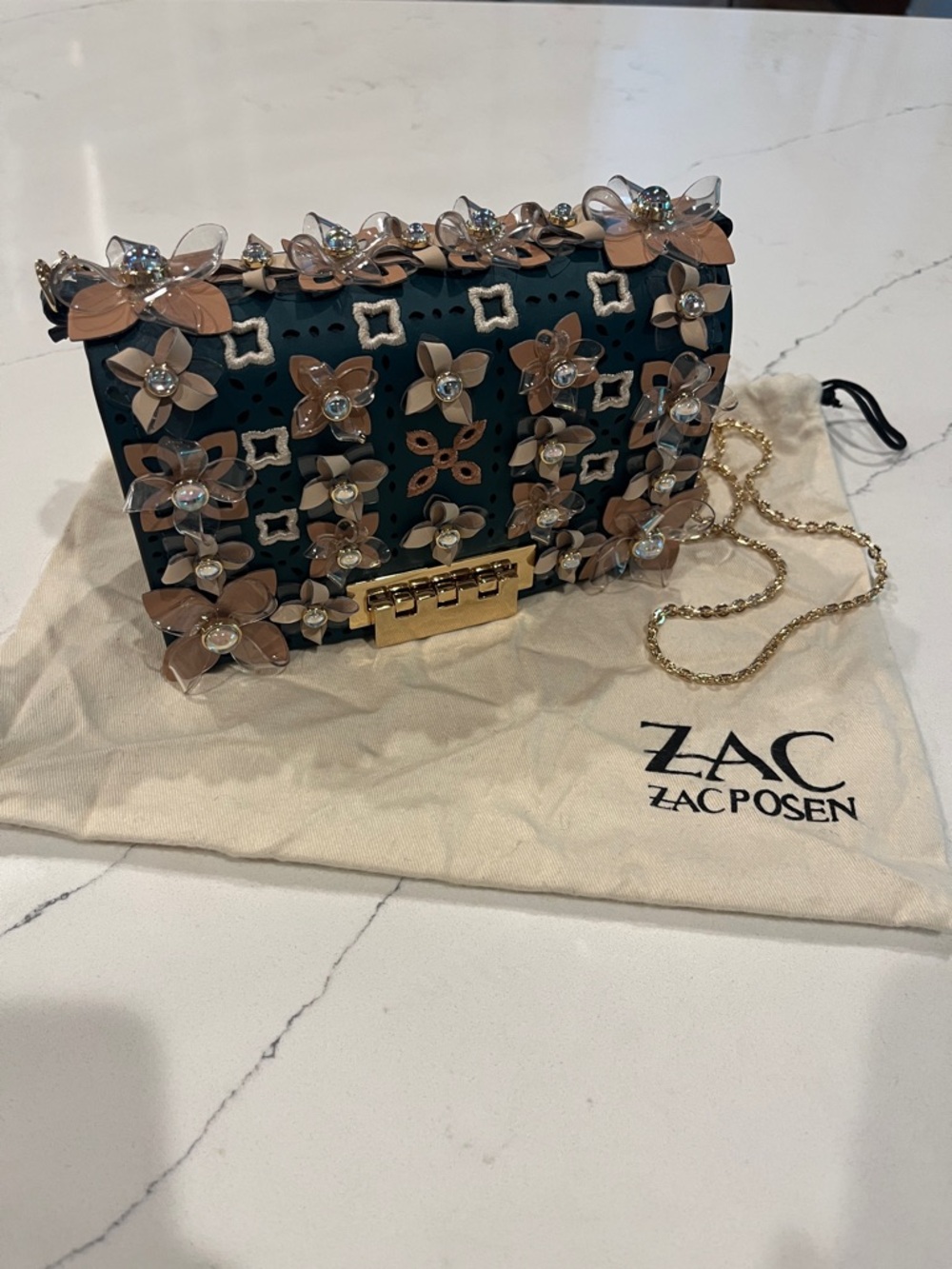 ZAC Zac Posen Teal Crossbody with Blush Floral Appliqués and Gold Chain